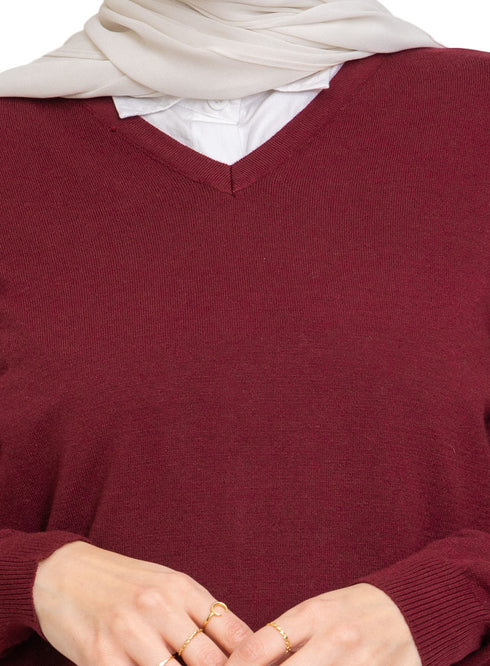 Brick Red V-Neck Knit Pullover